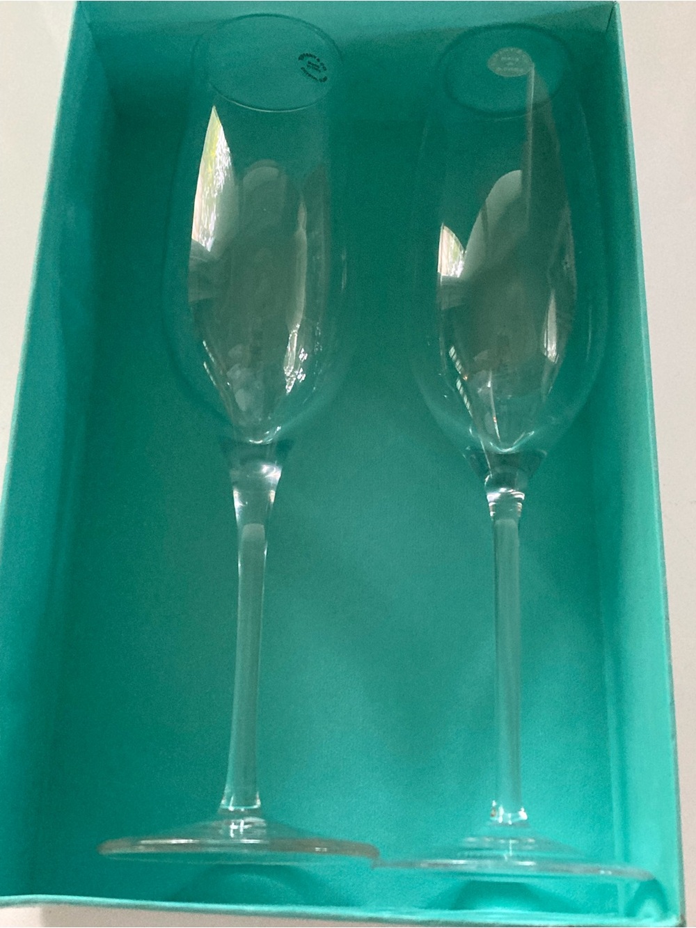 2 Tiffany & Co. crystal champagne flutes in box